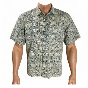 Cooke Street‎ Hawaiian Aloha Shirt L Green Tribal Geometric Button Up Mens